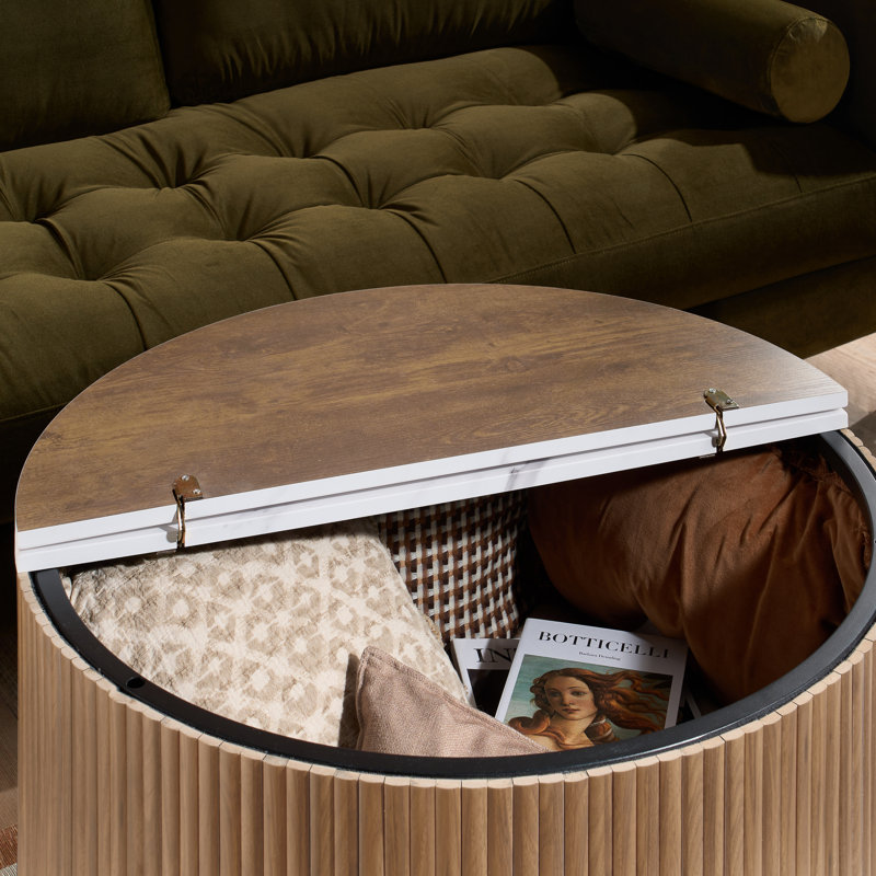 The Vermeer Collection Fluted Coffee Table With Lift Up Storage, Oak Wood