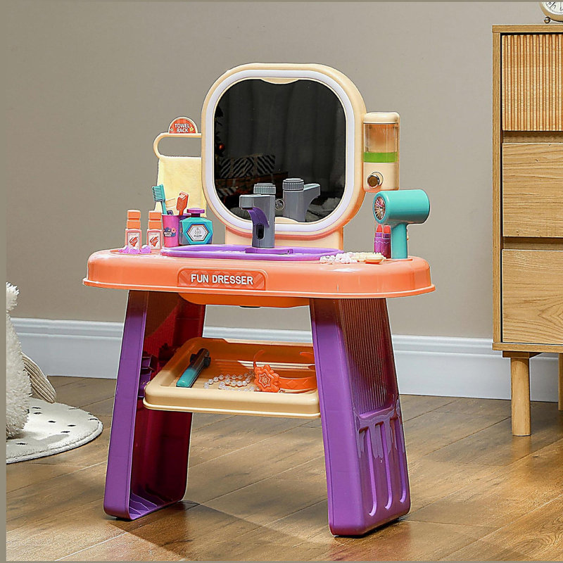 Ensemble de coiffeuse, table de maquillage pour tout-petits avec robinet, miroir, lumière DEL, musique, 23 accessoires, ensemble de jeu pour filles 3-6 ans, mauve