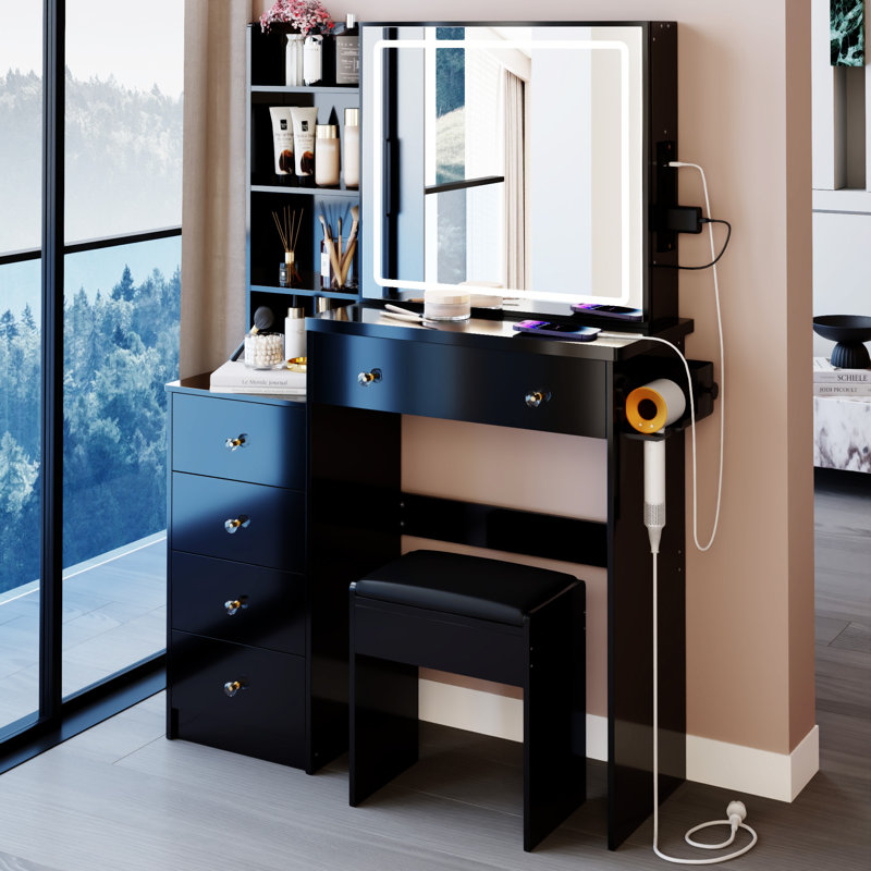 Ensemble de coiffeuse 37 po avec commode de taille moyenne et tabouret coussiné 37 po, Noir