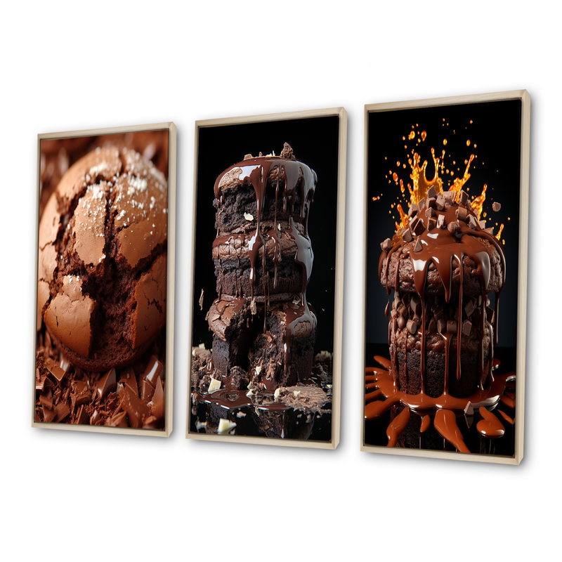 «Chocolate Cookie Delights I», ensemble de 3 impressions sur toile Pop Art, H 28 po x l 36 po, Cadre flottant brun