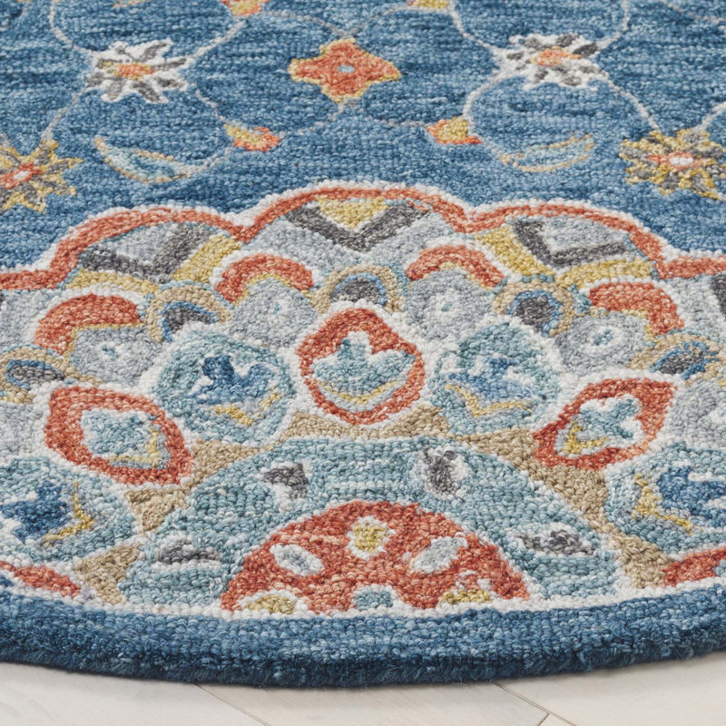 Saysha Handtufted Wool Cotton Floral Rug in Blue/Red, Round 6'