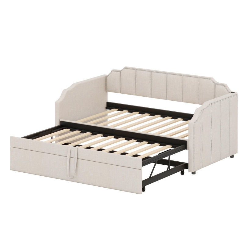 Multifunctional Lounge Bed Featuring Hidden Trundle and Built-in Device Charging Ports, Beige
