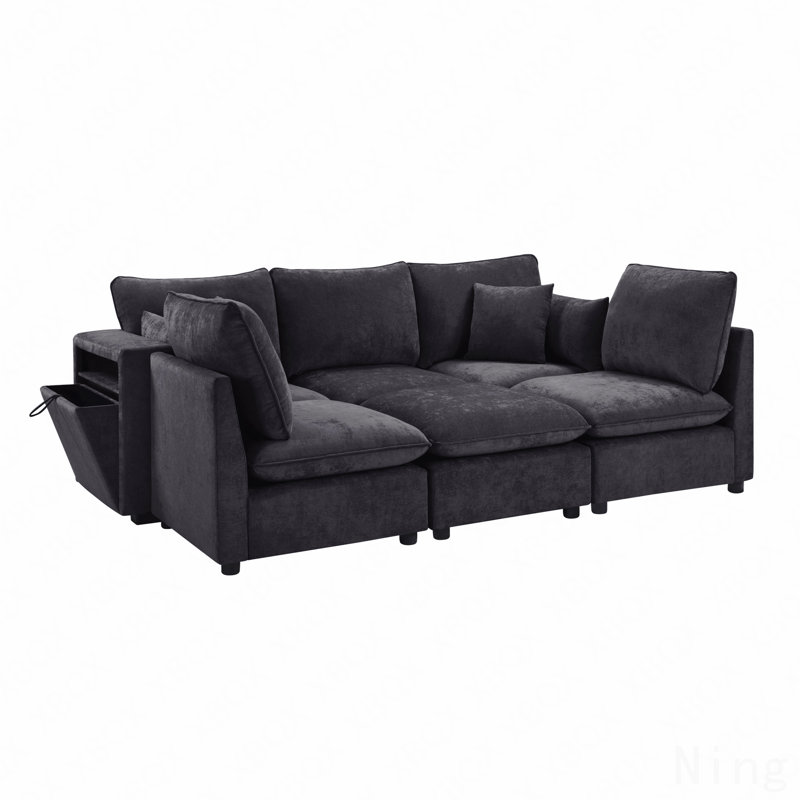 Coburn Chenille Upholstered Sectional Sofa with Movable Ottoman, Storage & USB Ports, Black