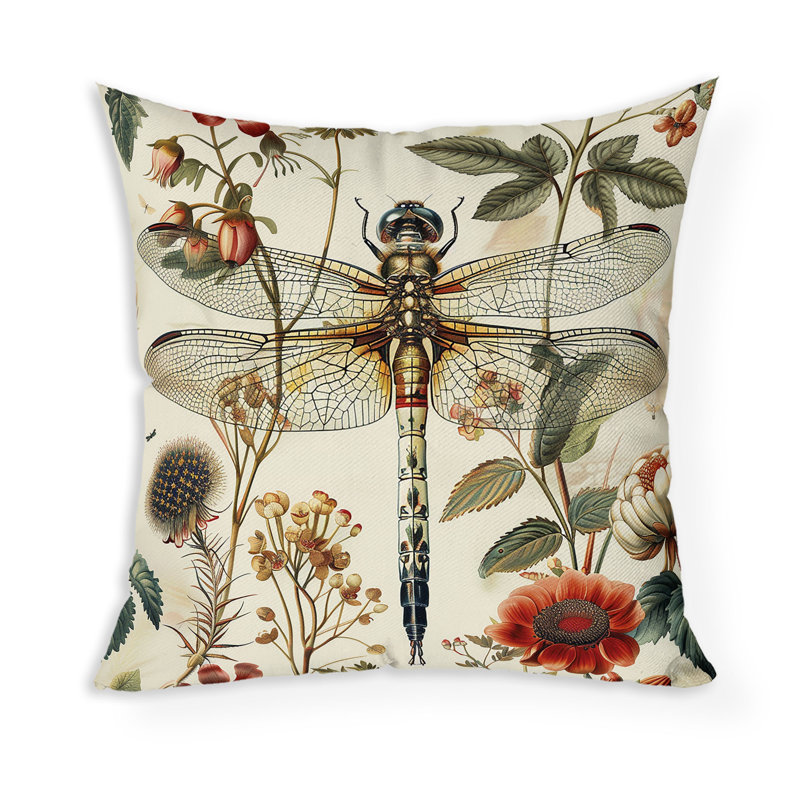 Dragonfly Fairytale Indoor/Outdoor Square Throw Pillow, 20"H x 20"W, Red/Beige