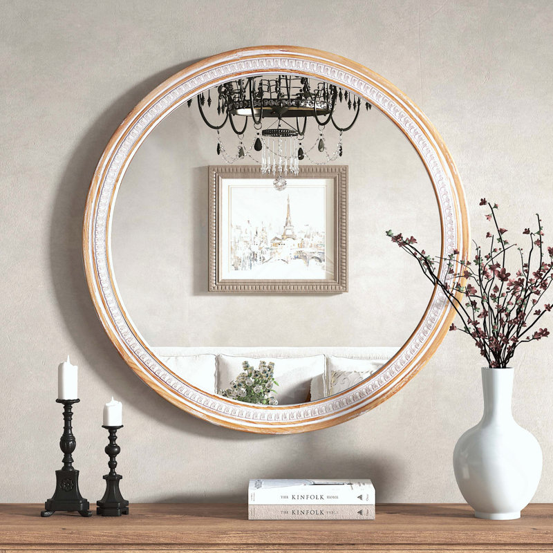 Miroir mural rond rond en bois massif