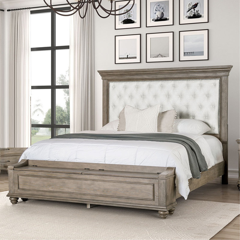 Mobilier de chambre à coucher formel Ensemble de 3 pièces pour très grand lit avec table de chevet et coffre en chêne vieilli avec rangement rembourré en tissu beige