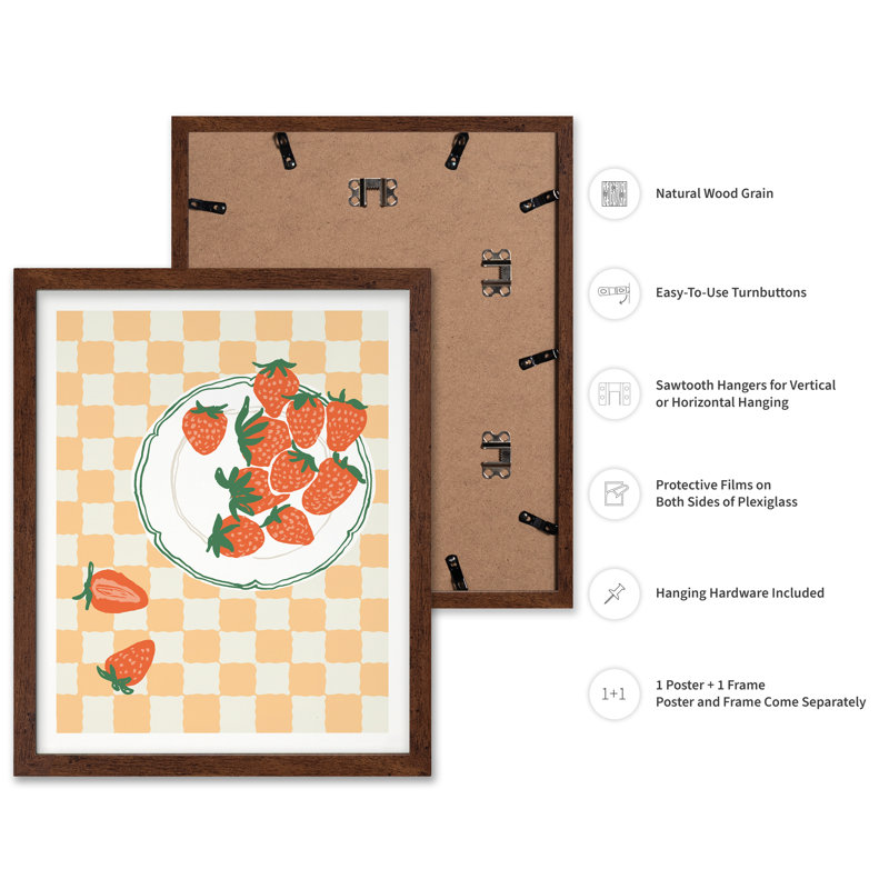 Fraises sur une assiette, H 08 po x l 10 po, Affiche, Encadrement brun