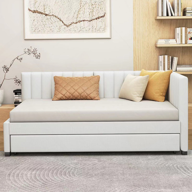 Upholstered Daybed with Trundle Twin Size Sofa Bed Frame, Beige, Twin