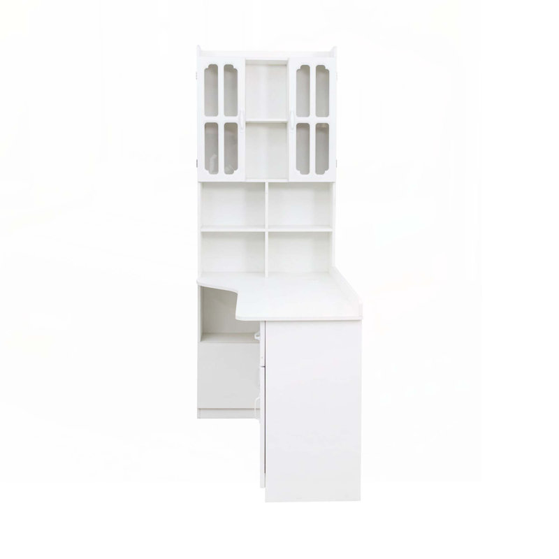 L-Shaped Corner Computer Desk with Drawers, Bookshelf & Hutch, White