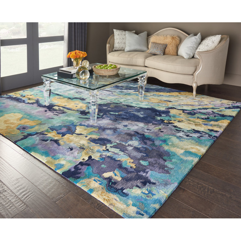 Tapis touffeté à la main à motif abstrait argent / bleu Prismatic, Rectangle 5 pi 6 po x 7 pi 5 po