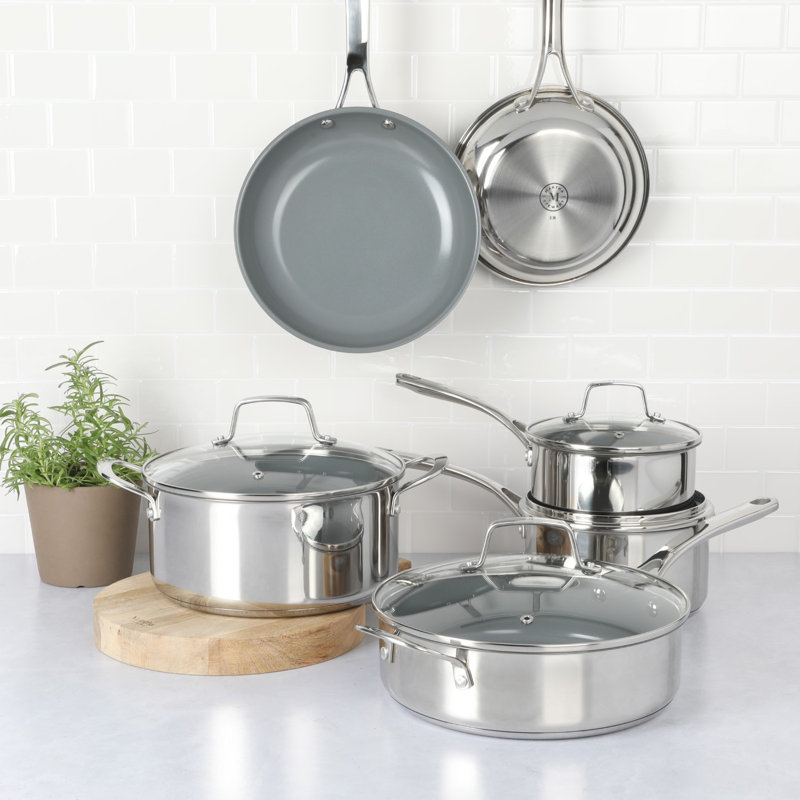 10-Piece Stainless Steel Cookware Set with Nonstick Ceramic Interior