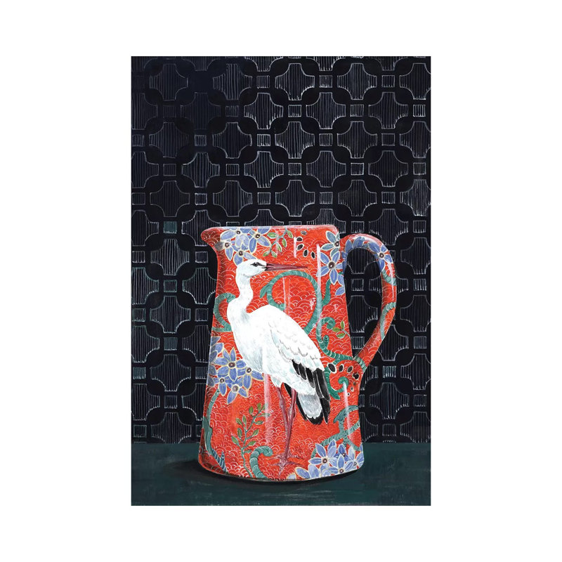 Red Pitcher With Stork by Miri Eshet - Print on Canvas, 30.48 cm H x 45.72 cm W, Wrapped Canvas