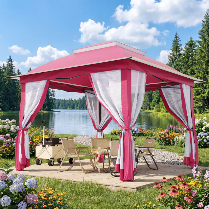 11x11ft Pop-Up Gazebo with Mosquito Netting, Water-Resistant Canopy, UV Protection & Sturdy Steel Frame, Portable Outdoor Gazebo with Carrying Bag for Patio, Backyard, Garden & Deck-Magenta