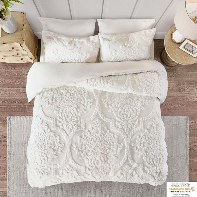 Housse de couette en coton chenille pour lit double / grand, 3 pièces, avec attaches et fermeture à boutons blanc