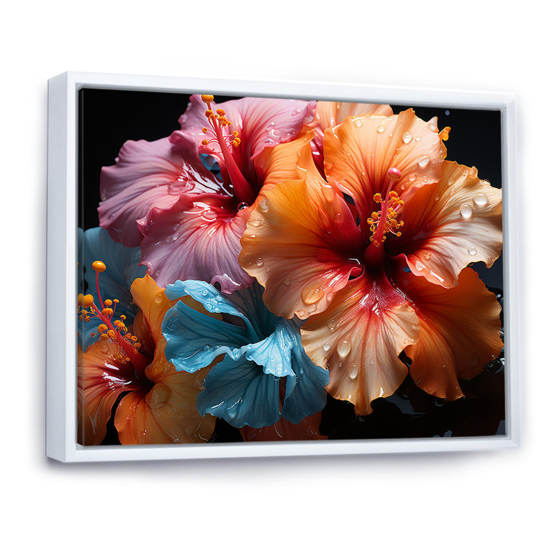 Hibiscus coloré et moderne II sur toile, Cadre flottant blanc, H 16 po x l 32 po x P 1 po