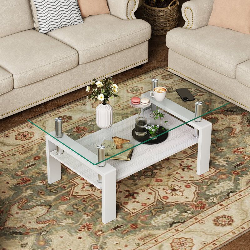 Table basse rectangulaire avec plateau de rangement en verre trempé et panneau de fibres à densité moyenne Fraiya