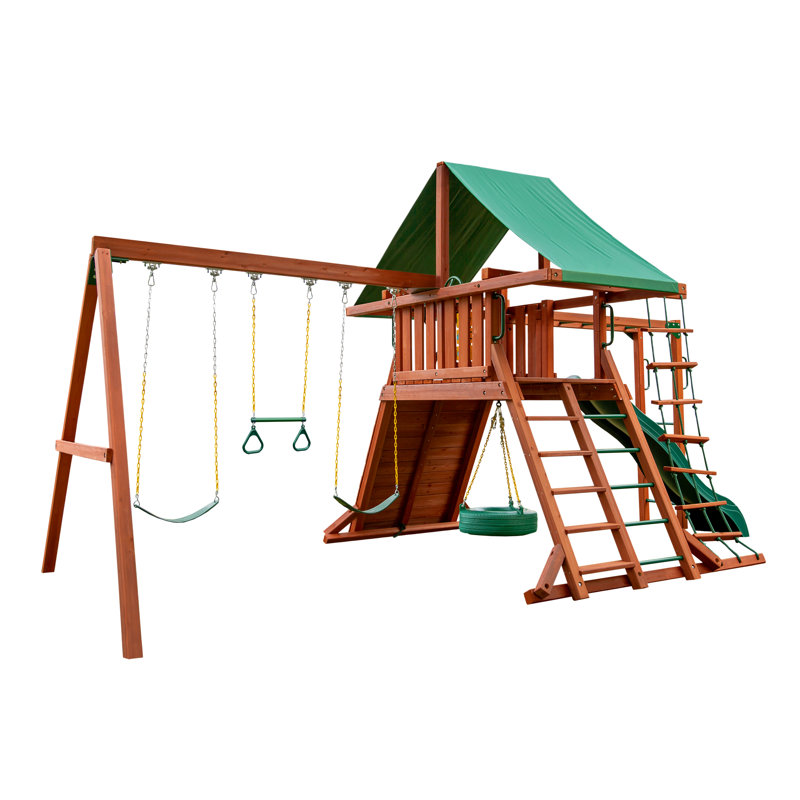 Redwood and Green Cedar Playground System with Slide and Swings
