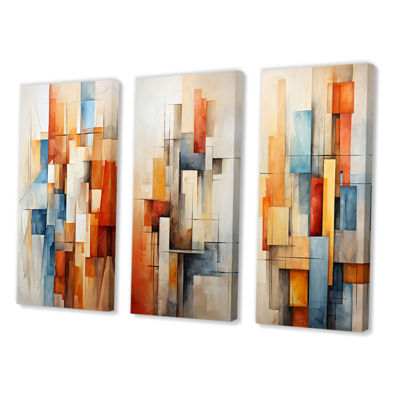 «Cubism Fragmented Perspectives», 3 pièces sur toile, Toile tendue, H 32 po x l 48 po