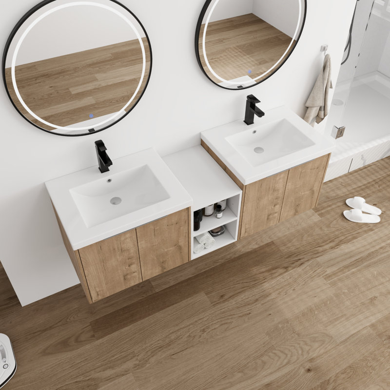 Double Bathroom Vanity With Resin Vanity Top, Beige, 60"