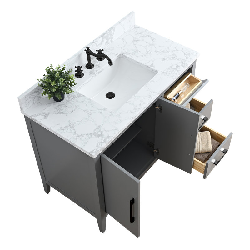 Meuble-lavabo simple 42 po avec plateau en marbre, Noir mat, Gris cachemire