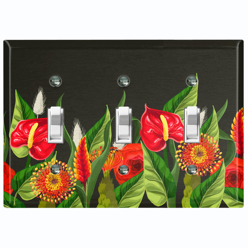 Red Lily Flowers Green Leaves Black Print 3 - Gang Toggle Light Switch Standard Wall Plate