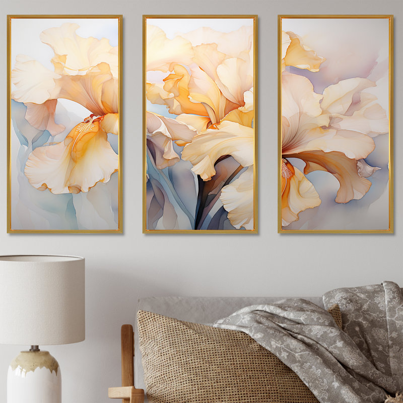 Ensemble de décorations murales Beige Minimalisme Iris Serenity Blooms - Iris, Cadre flottant doré