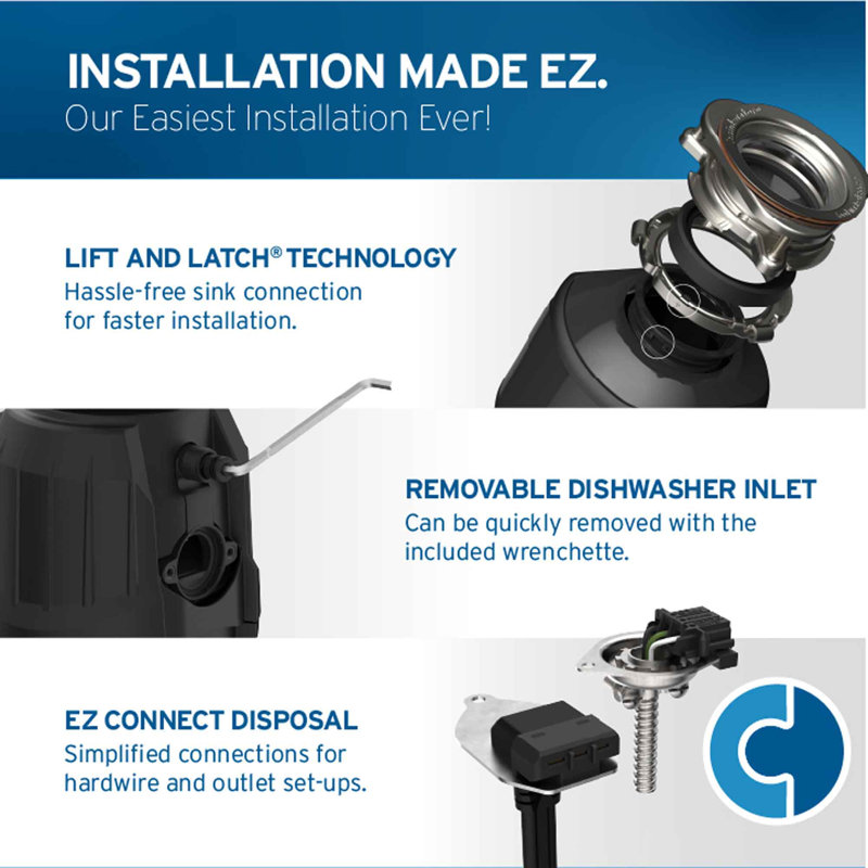 Power 0.75HP, 3/4 HP Garbage Disposal, Power Series EZ Connect Continuous Feed Food Waste Disposer