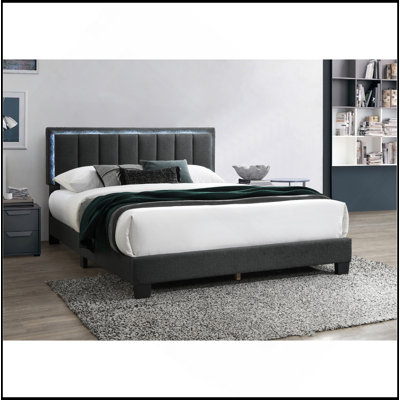 Lit 1pc grand lit en tissu de laine gris anthracite capitonné avec cadre de lit double à DEL