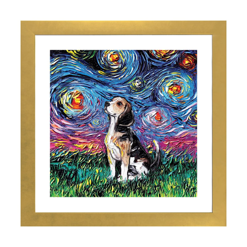 «Beagle Night» par Aja Trêves - reproduction d'art, H 24 po x l 24 po x p 1 po, Papier encadré doré