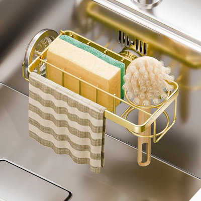 Porte-éponge en aluminium antirouille 4-en-1 pour évier de cuisine avec ventouse robuste, support d'évier compact pour éponge, brosse, récureur, grattoir - doré