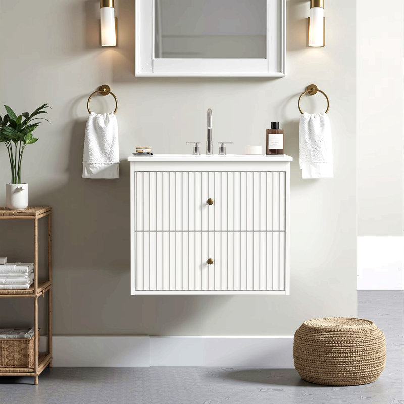 Ensemble de meuble-lavabo 24 po avec lavabo, armoire de rangement flottante avec portes et tiroirs, meuble-lavabo mural moderne avec surface peinte, blanc