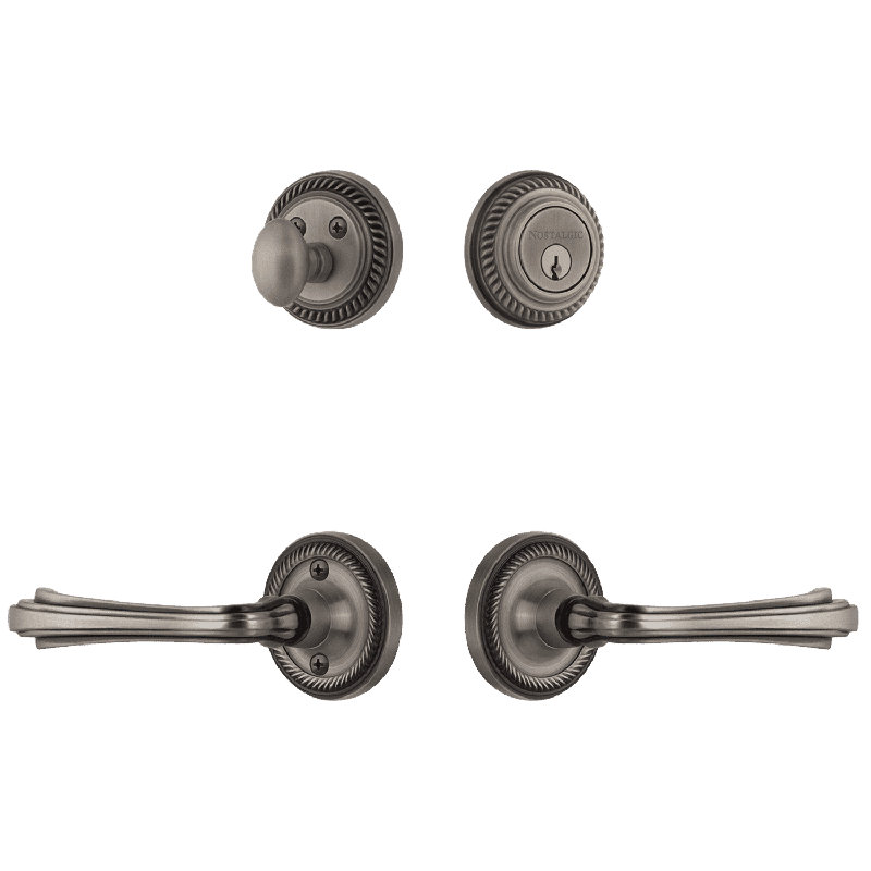 Nostalgic Warehouse Rope Rosette Entry Set with Fleur Lever, Antique Pewter, 2.75, Right