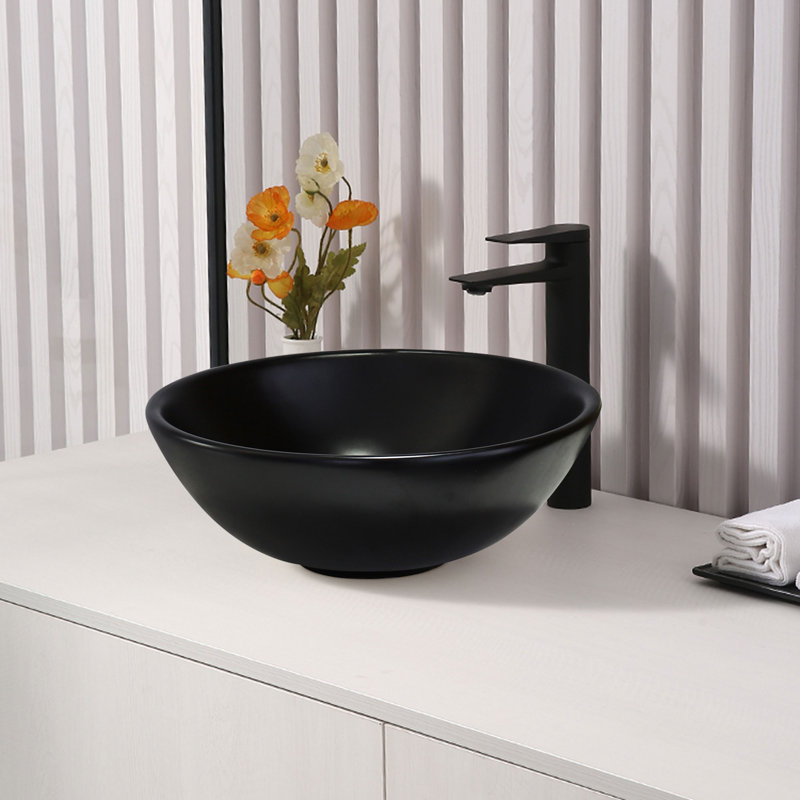 Dowell 16" Ceramic Round Vessel Sink, Matte Black