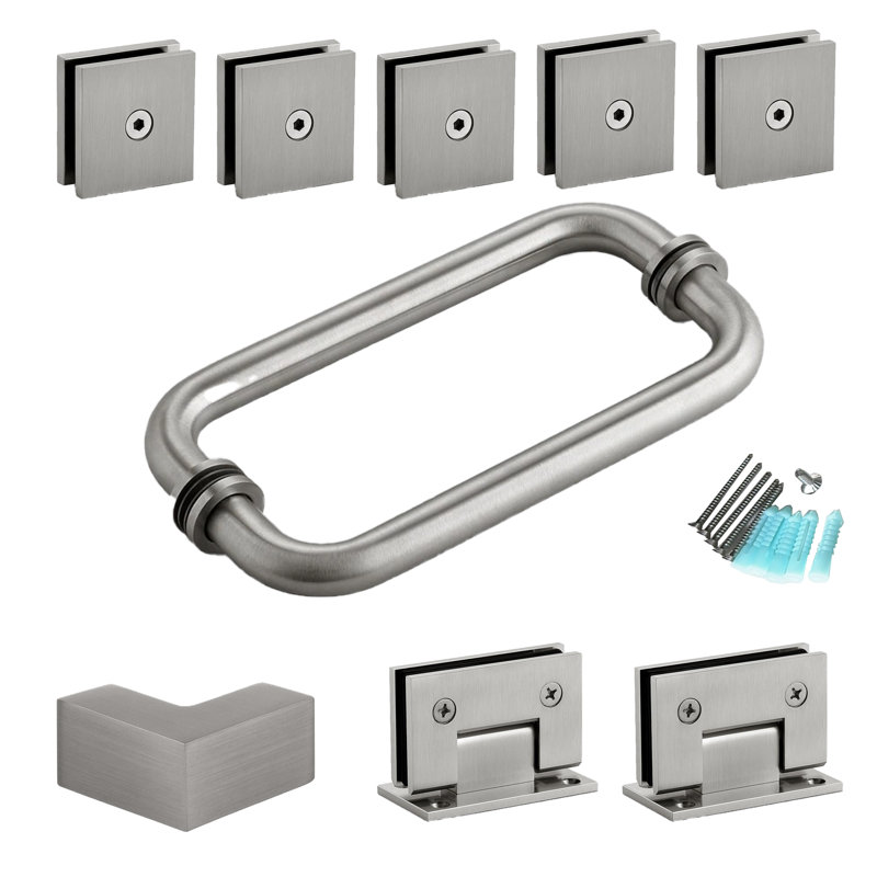 Ensemble de quincaillerie de porte de douche sans cadre: charnières, poignées pour verre de 5/16 po à 3/8 po, Noir mat