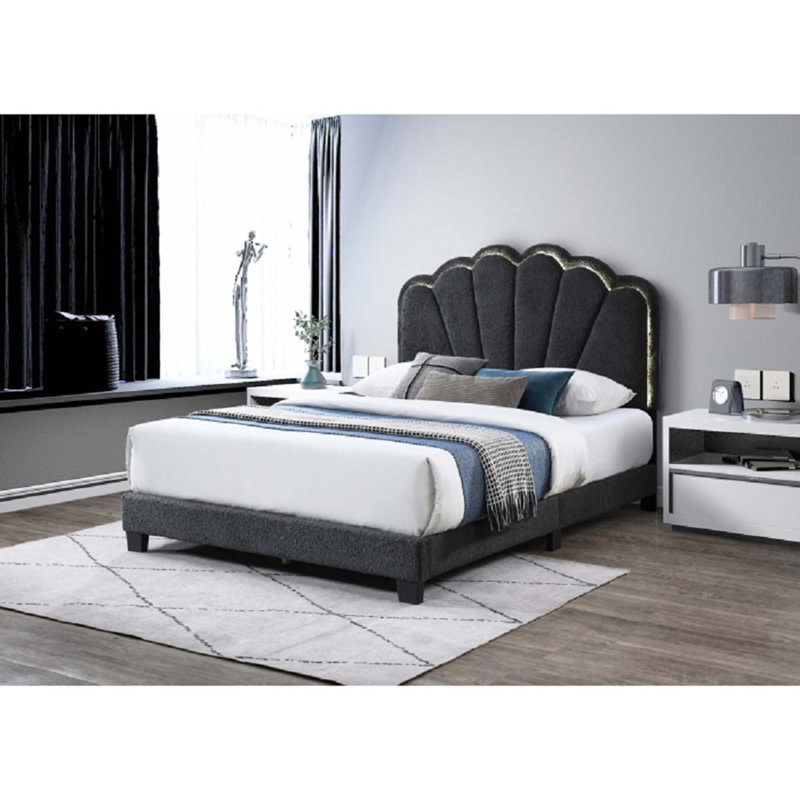 Lit plateforme moderne et glamour de taille queen avec tête de lit coquillage réglable, Grand lit, Gris foncé