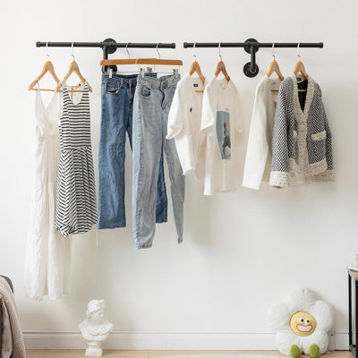 Industrial Pipe Wall Mounted Clothes Rack, Heavy Duty Black Garment Bar, Space-Saving Closet Organizer for Bedroom, Entryway, Laundry Room & Boutique