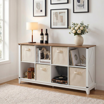 Organisateur de rangement à 8 cubes avec 4 bacs en tissu beige, bibliothèque de style chalet de 49 po de large, meuble télé bas pour téléviseur de 24 à 55 po, tablette ouverte pour le salon de la chambre de bébé, blanc et noyer