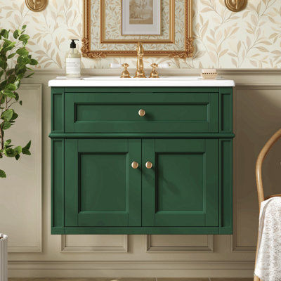 Meuble-lavabo mural 24 po avec tiroir basculant et charnières à fermeture en douceur, armoire de salle de bain avec structure ouverte à l'arrière, 2 portes, meuble-lavabo avec lavabo simple en céramique