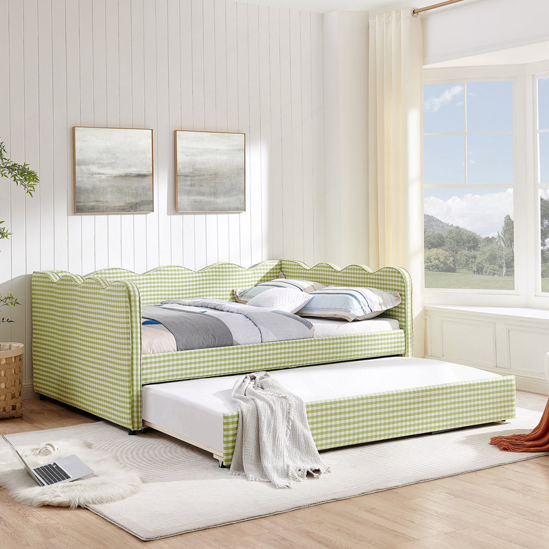 Lit de jour double en vichy double avec couchette simple sans sommier, avec port USB et adorable tissu en forme de vague