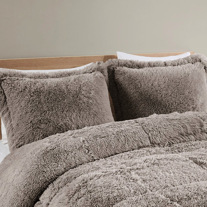 Édredon gris à poils longs pour très grand / très grand lit, texture moelleuse, lavage à la machine à l'eau froide, l'envers du lit bas, séchage par culbutage et 2 taies décoratives incluses