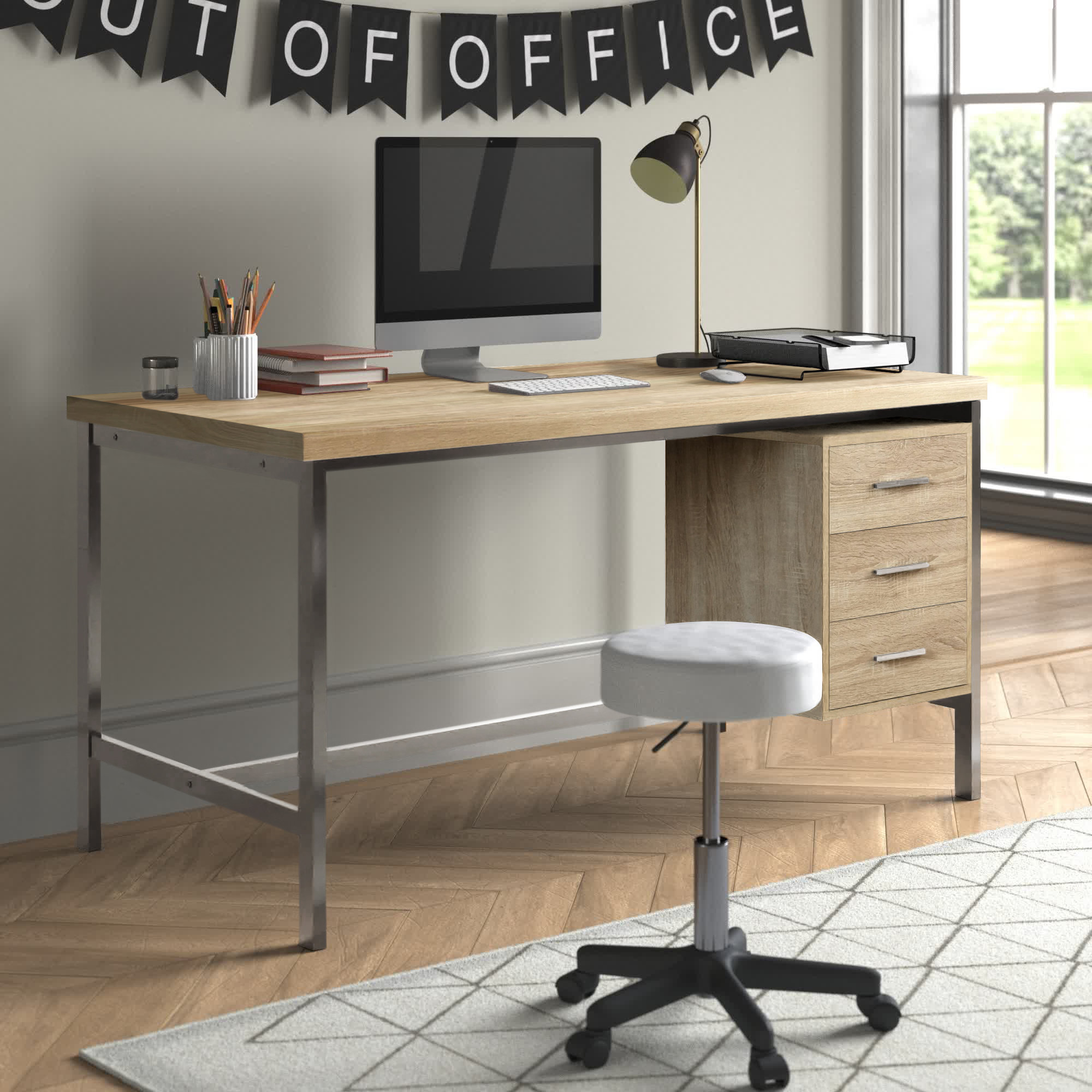 55 Modern White Computer Desk Rectangular Home Office Desk with Pedestal  Base