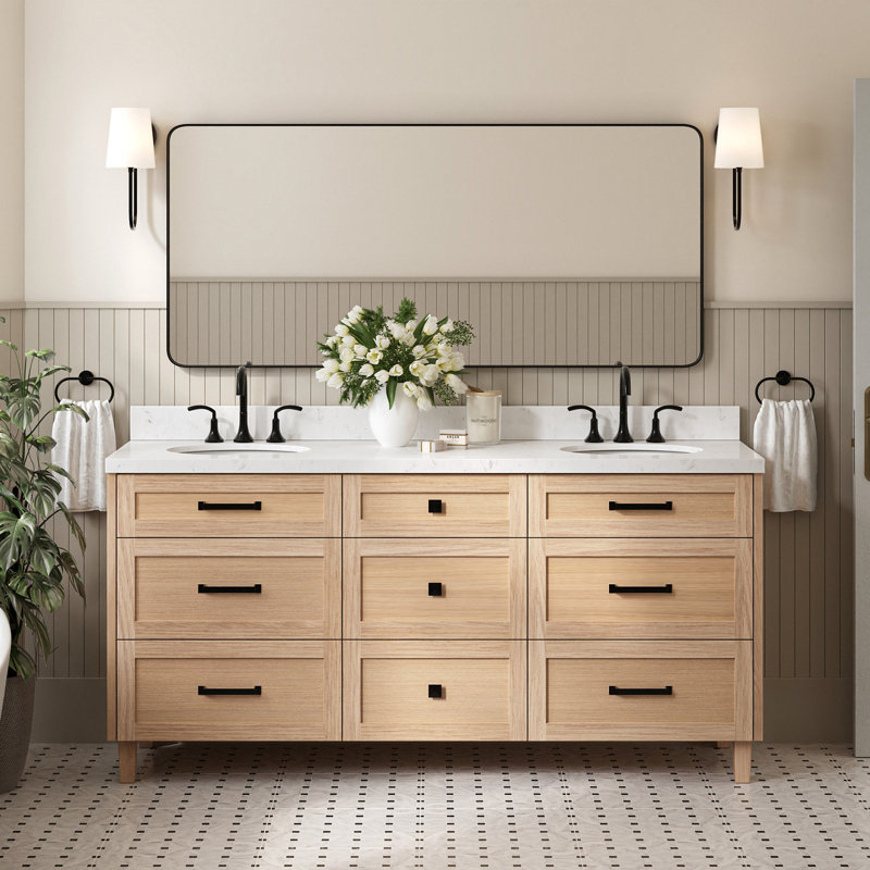 ARIEL Monroe 72 Double Sink Bathroom Vanity with Carrara Quartz Top, Oak, 72" - 73", Carrara White Quartz