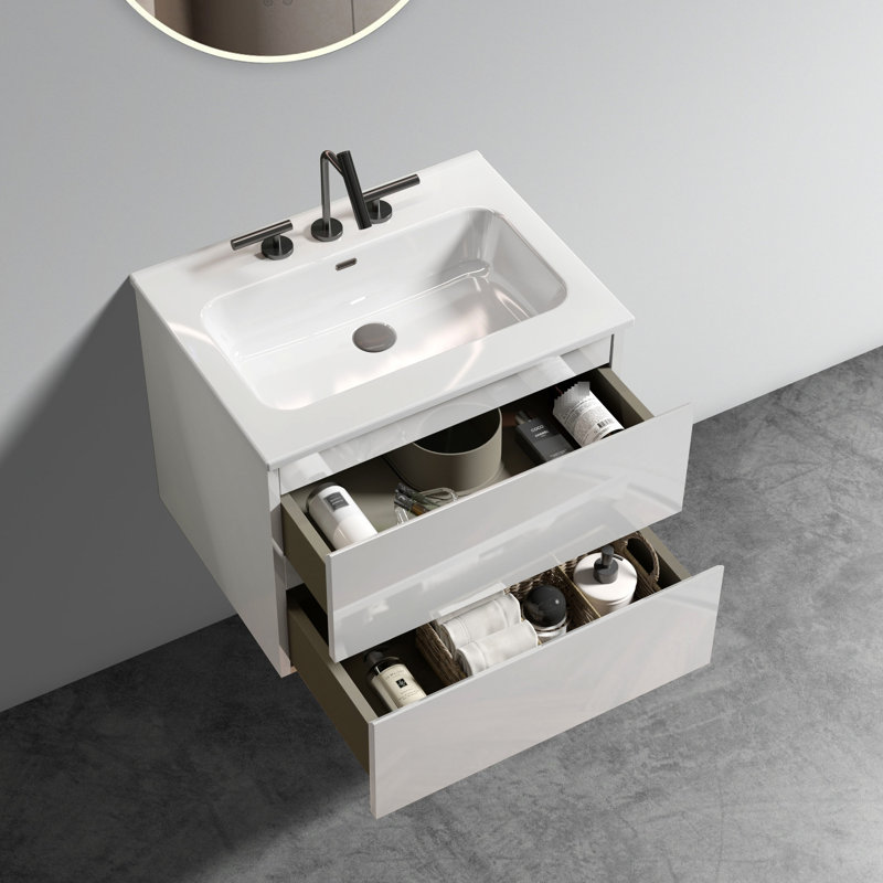 24" Wall Mount Bathroom Vanity In Glossy White - Ceramic Sink 3 Faucet Holes, Substantial Storage, Silent Closing Mounted Gloss Plentiful Storage Facility,