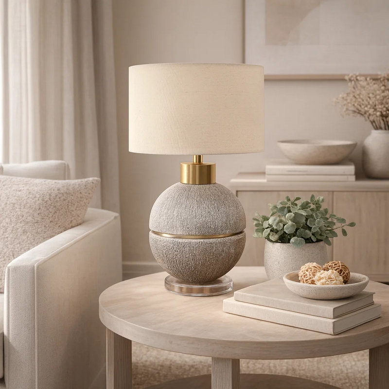 Lampe de table Phoebe, résine globe doré et brun, abat-jour en lin beige, Brun, 26" H x 16" W x 16" D