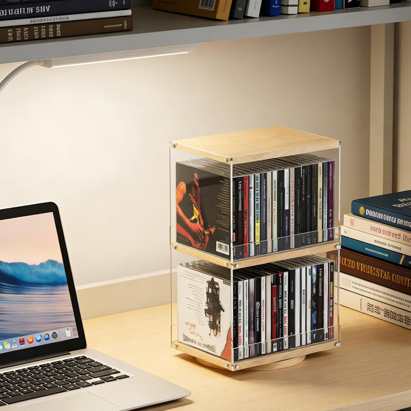 Support à CD à 2 niveaux avec support en bois, acrylique, support de CD rotatif à capacité 40, ouvert, conception latérale, anti-chute pour le bureau