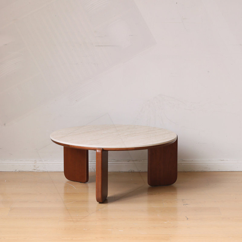 Table basse en chêne massif avec finition noyer, base sculpturale incurvée et plateau en pierre frittée blanche, table de salon moderne
