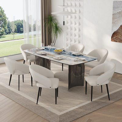 Set of 2 Modern Upholstered Dining Chairs, White Faux Leather Curved Arm Dining Side Chairs with Black Metal Legs, Assembly Required