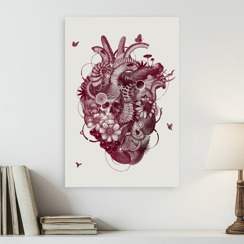Intricate Heart Skull Elegant Gothic Organic Butterfly Nature Flower Wall Art Print by Jaco Putker - Wrapped Canvas Print