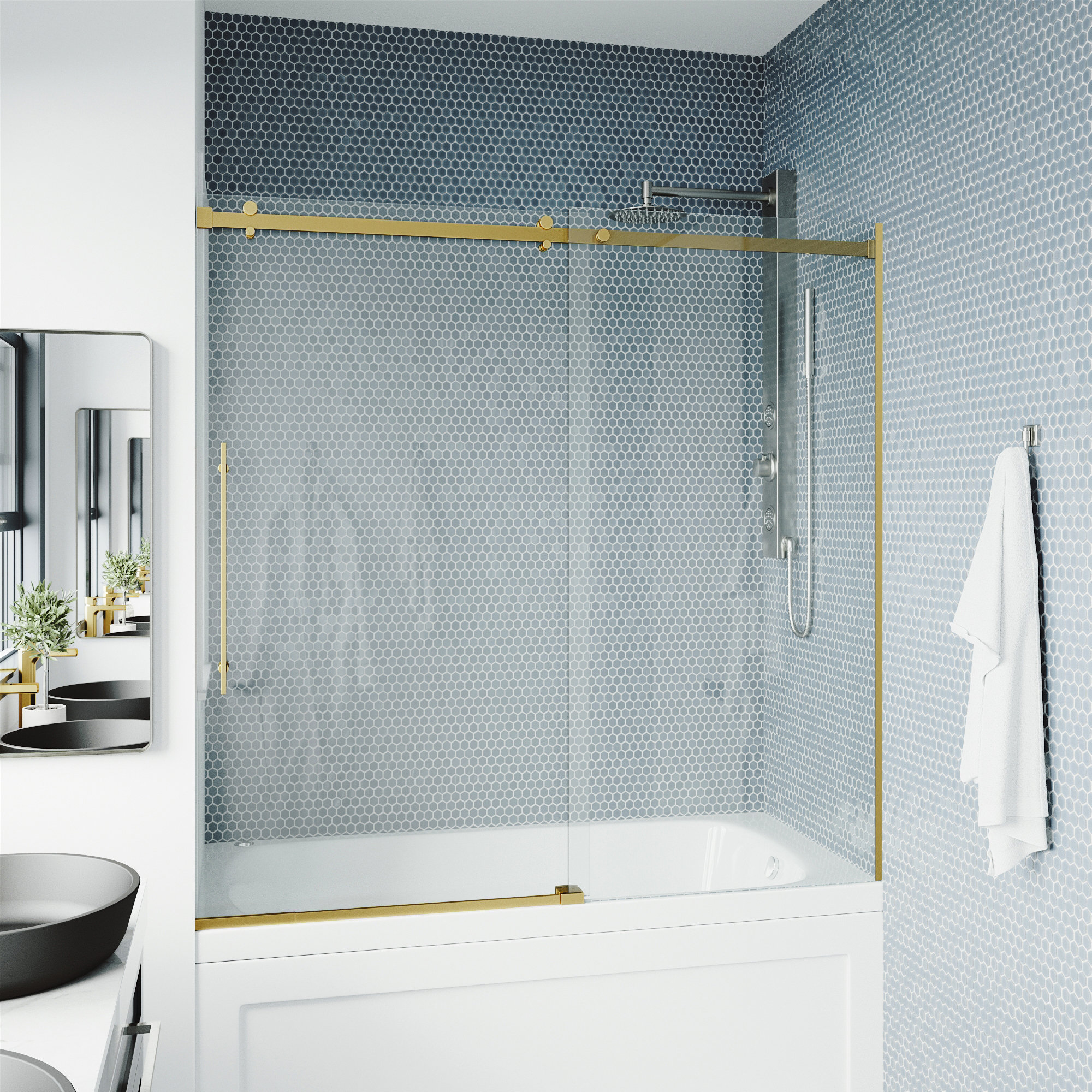 Luca 56-60" W x 58" H Sliding Frameless Tub Door with 3/8" Clear Glass, Matte Gold