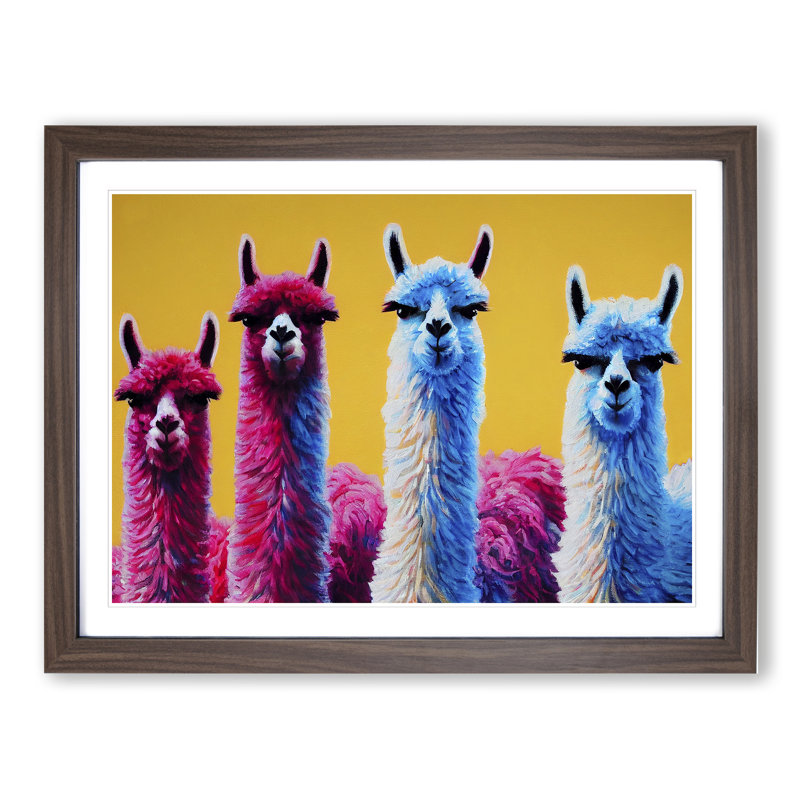 Enviable Llamas - Single Picture Frame Painting, 46cm H x 64cm W x 2cm D, Walnut